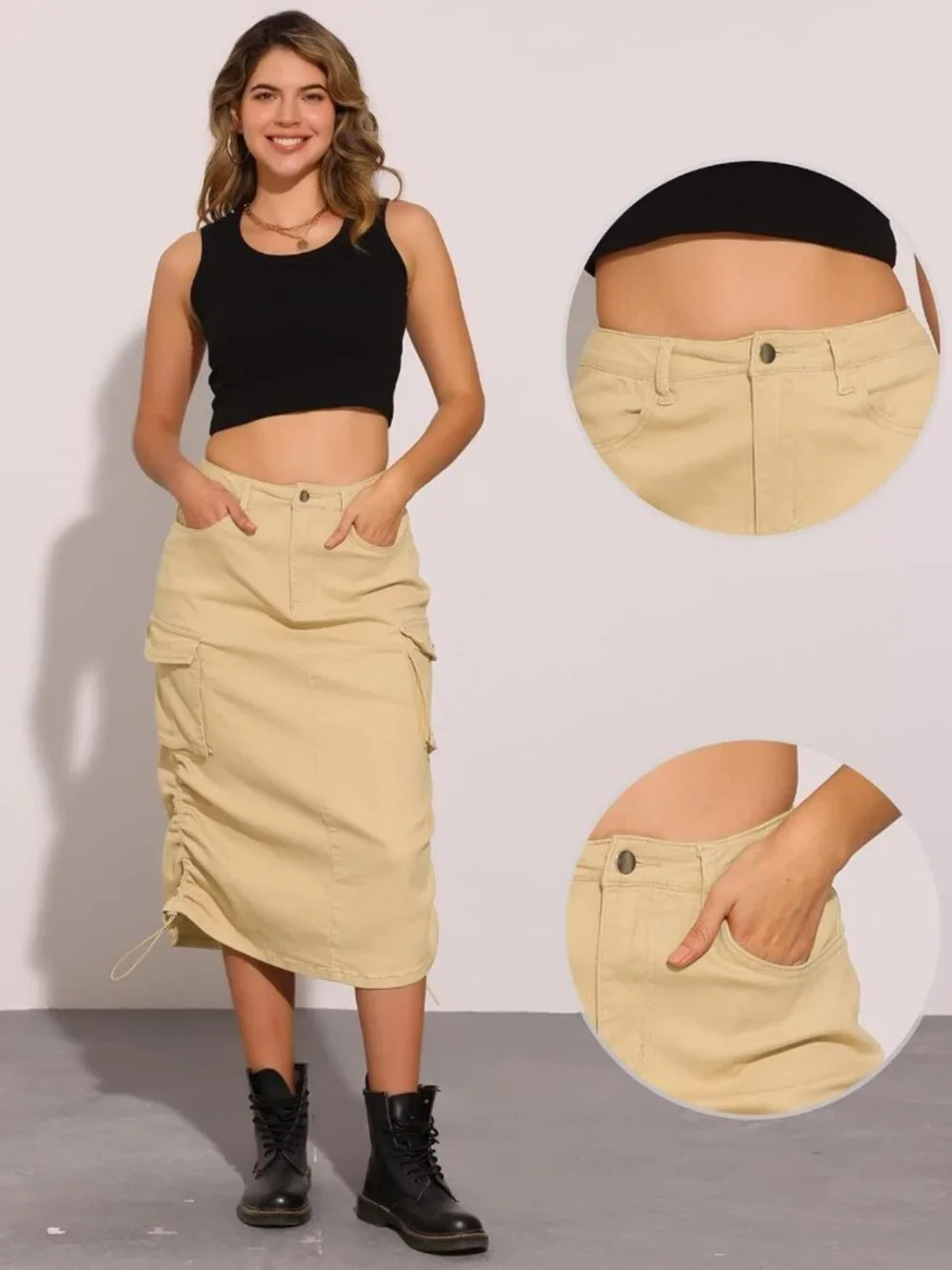 High Waist Midi Denim Skirt for Women | Casual Jean Cargo Skirt with Pockets